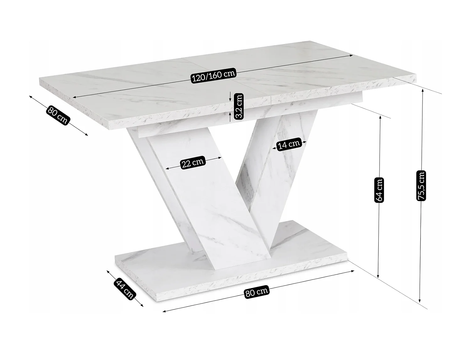 Mesa extensível CLARK em dimensões 120-160 cm em mármore branco