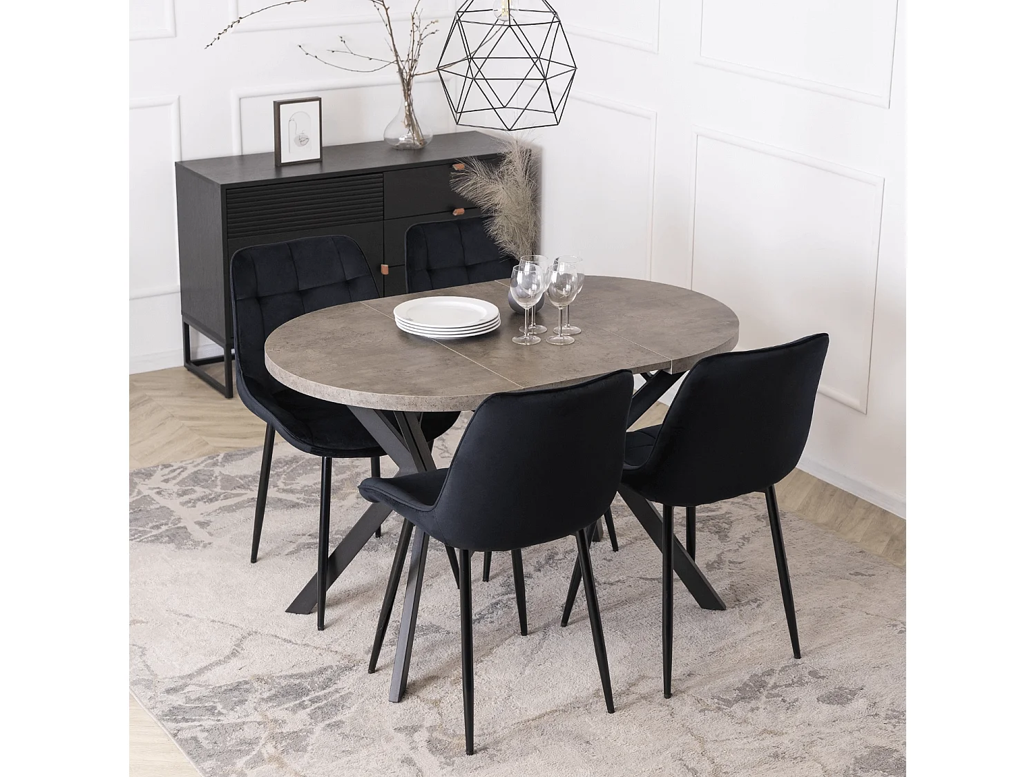 Tavolo estensibile DORIAN di dimensioni 80-160 cm in cemento con gambe nere
