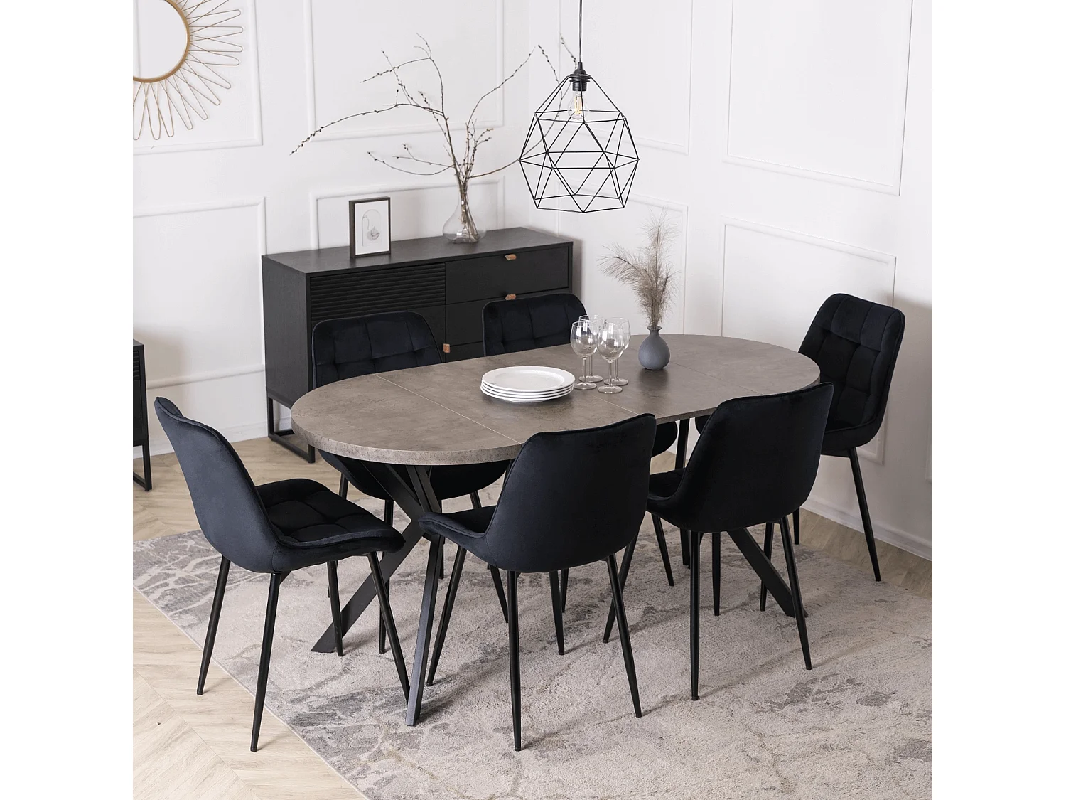 Tavolo estensibile DORIAN di dimensioni 80-160 cm in cemento con gambe nere