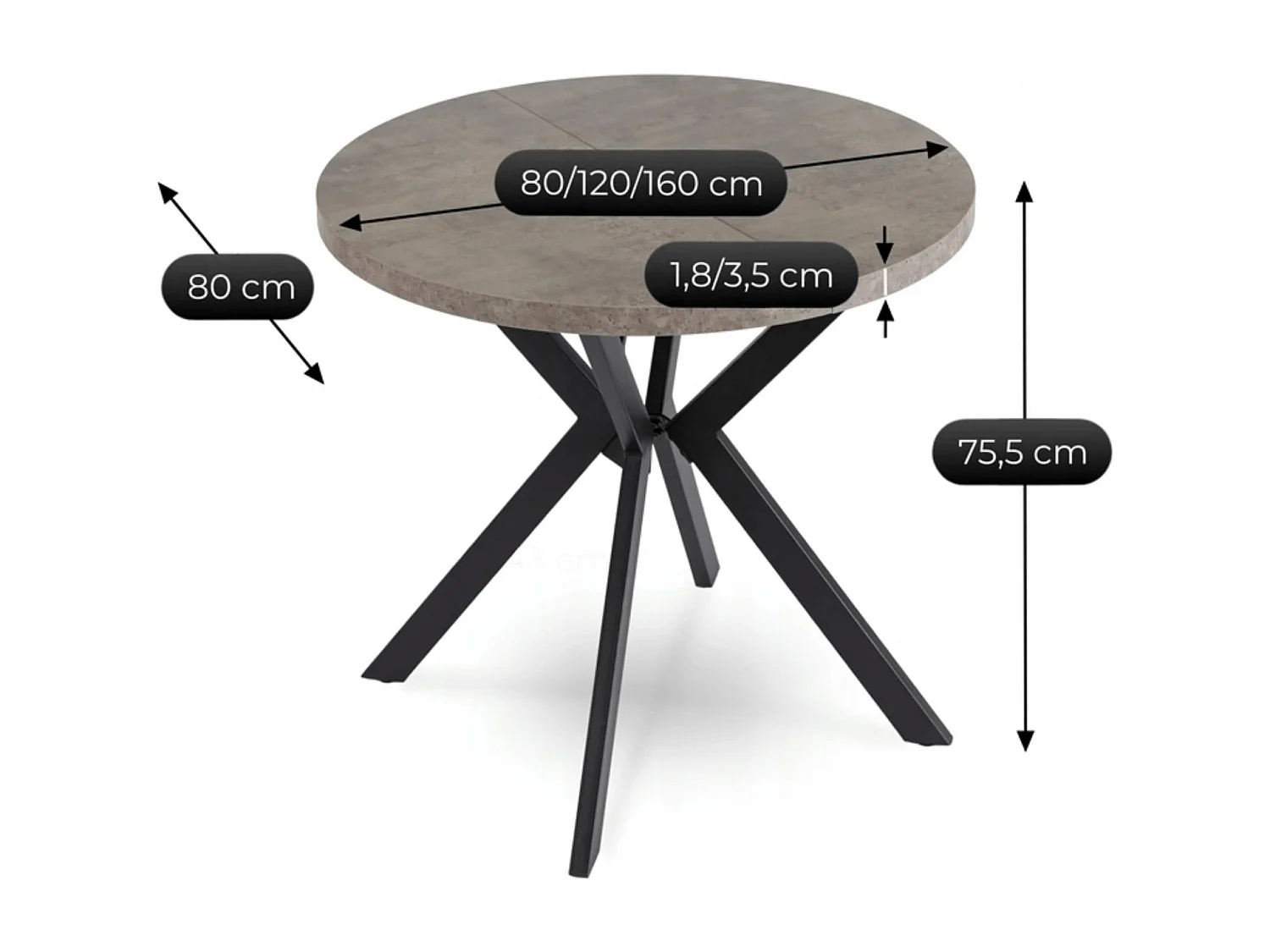 Tavolo estensibile DORIAN di dimensioni 80-160 cm in cemento con gambe nere
