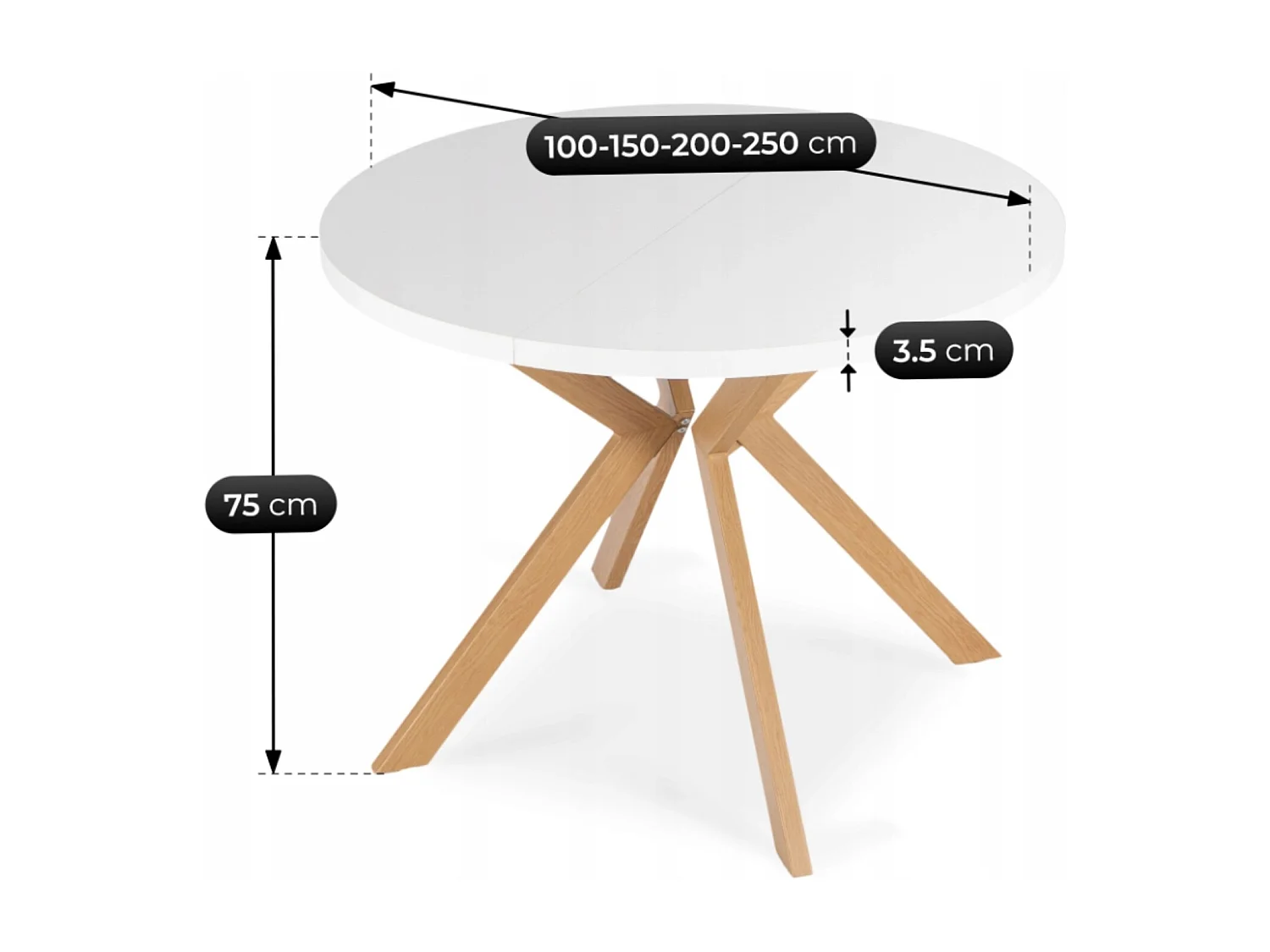 LUKAS extendable table measuring 100-250 cm in white, wooden legs
