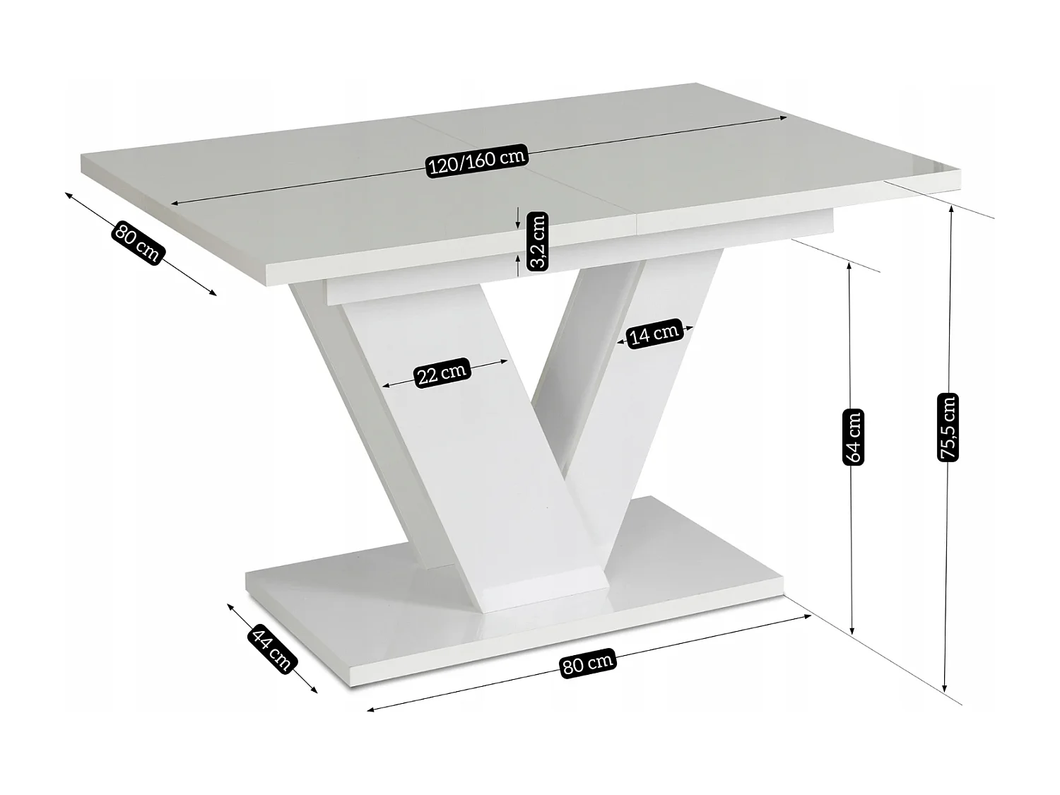 Table extensible CLARK aux dimensions 120-160 cm en blanc avec pieds en blanc brillant