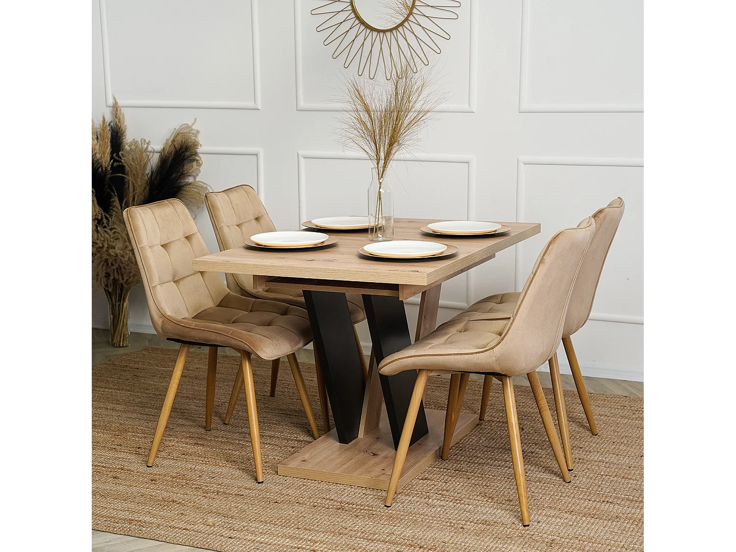 Table extensible CLARK de dimensions 120-160 cm en chêne artisan avec pied noir