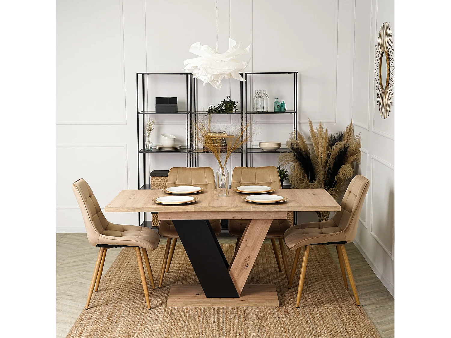 Table extensible CLARK de dimensions 120-160 cm en chêne artisan avec pied noir