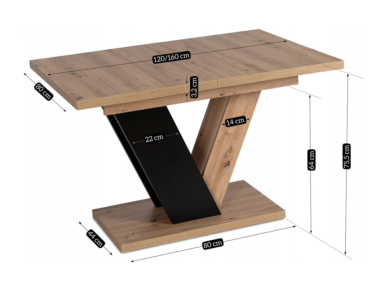 Table extensible CLARK de dimensions 120-160 cm en chêne artisan avec pied noir