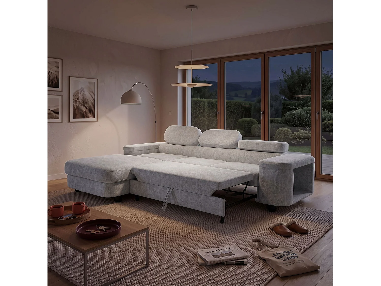 Canapé d'angle gauche 3 places en tissu chenille gris clair LOVE