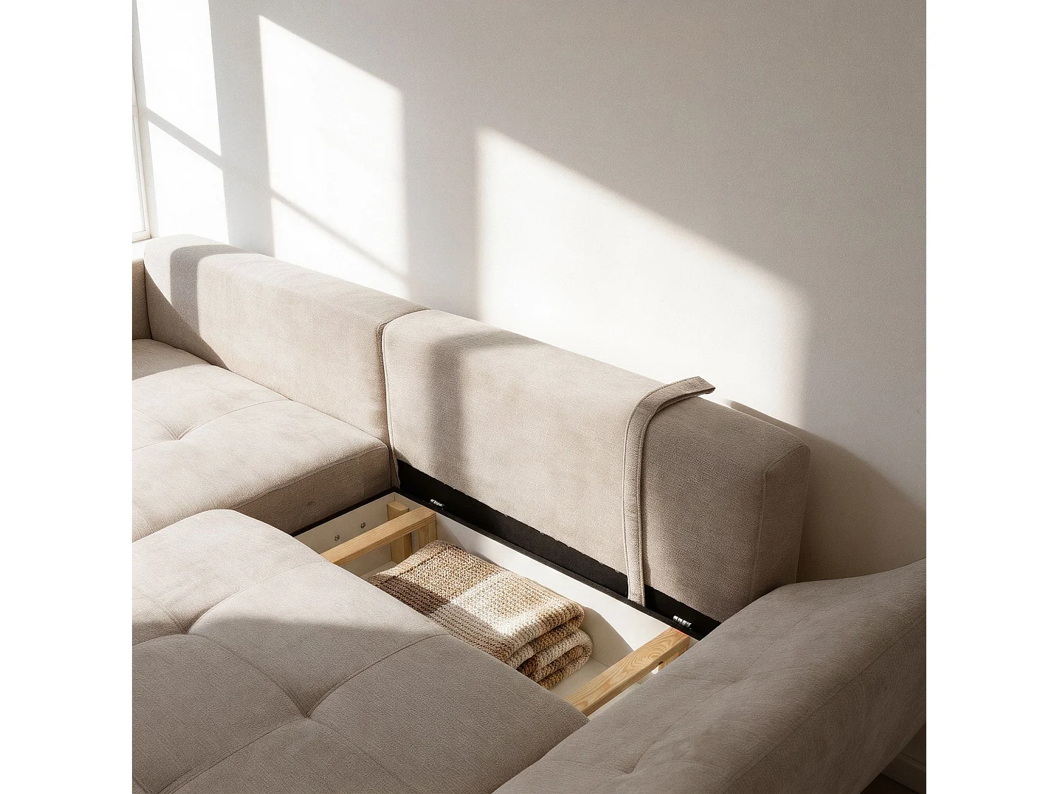 Canapé d'angle gauche 3 places en tissu chenille beige NICE