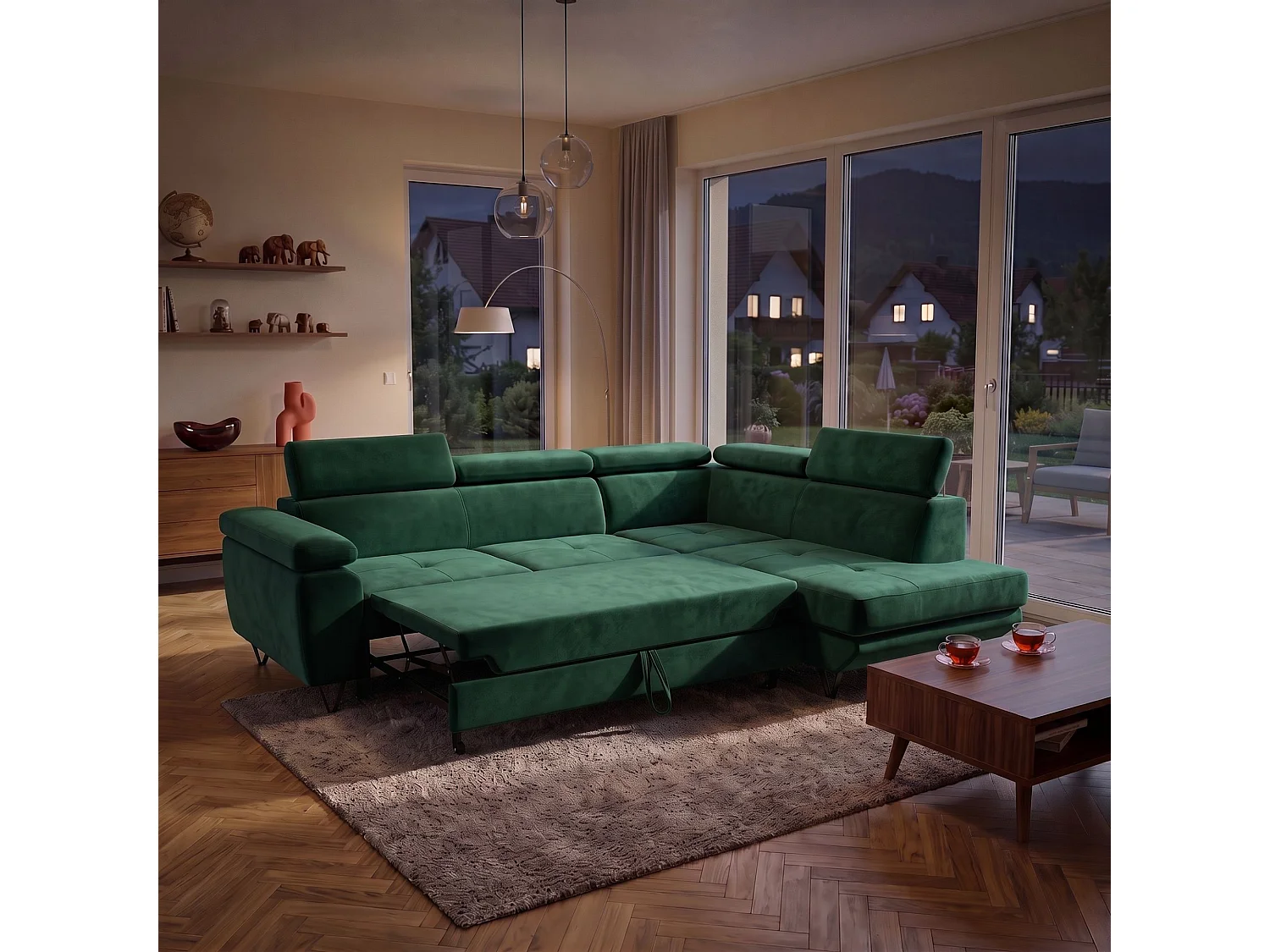 Hoekbank JUNIOR L rechts met slaapfunctie 128x194 velours groen