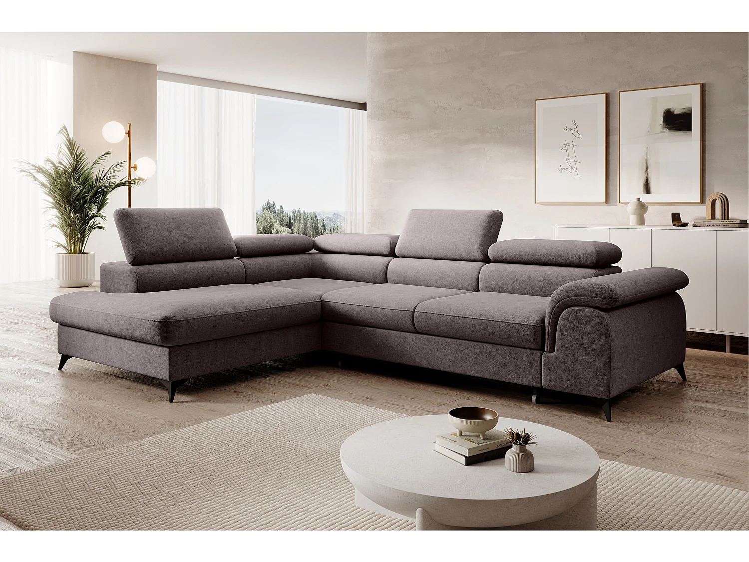Canapé d'angle PLAZA L Gauche avec fonction couchage 125x195 Velours Gris