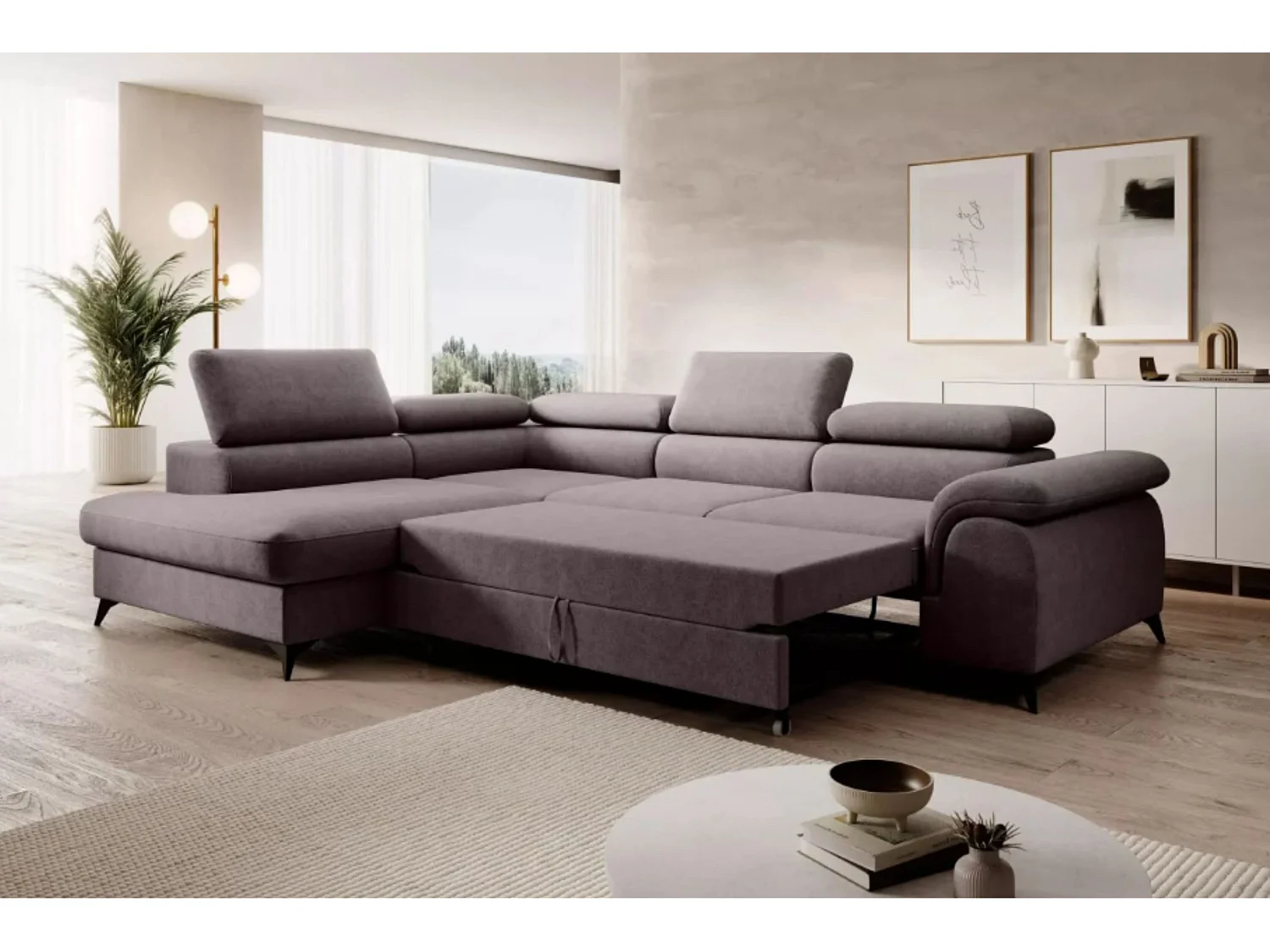 Canapé d'angle PLAZA L Gauche avec fonction couchage 125x195 Velours Gris