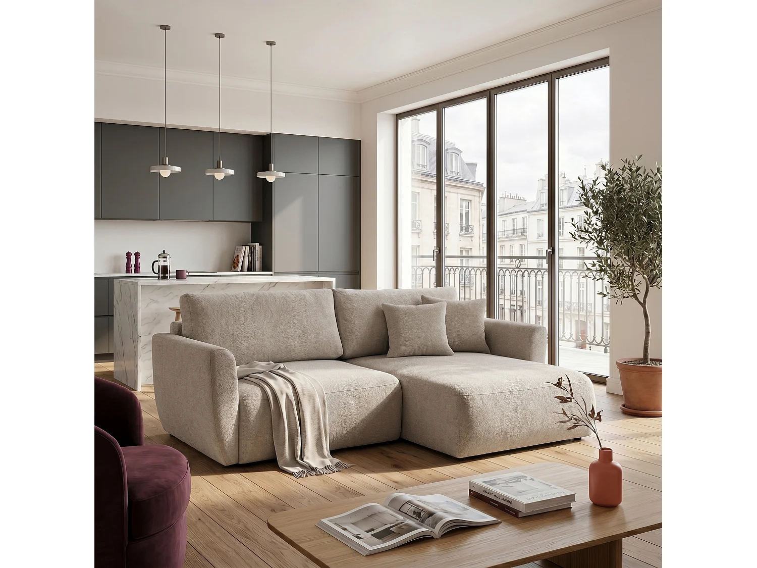 Canapé d'angle BELLA L Droit avec fonction couchage 140x205 Velours Beige