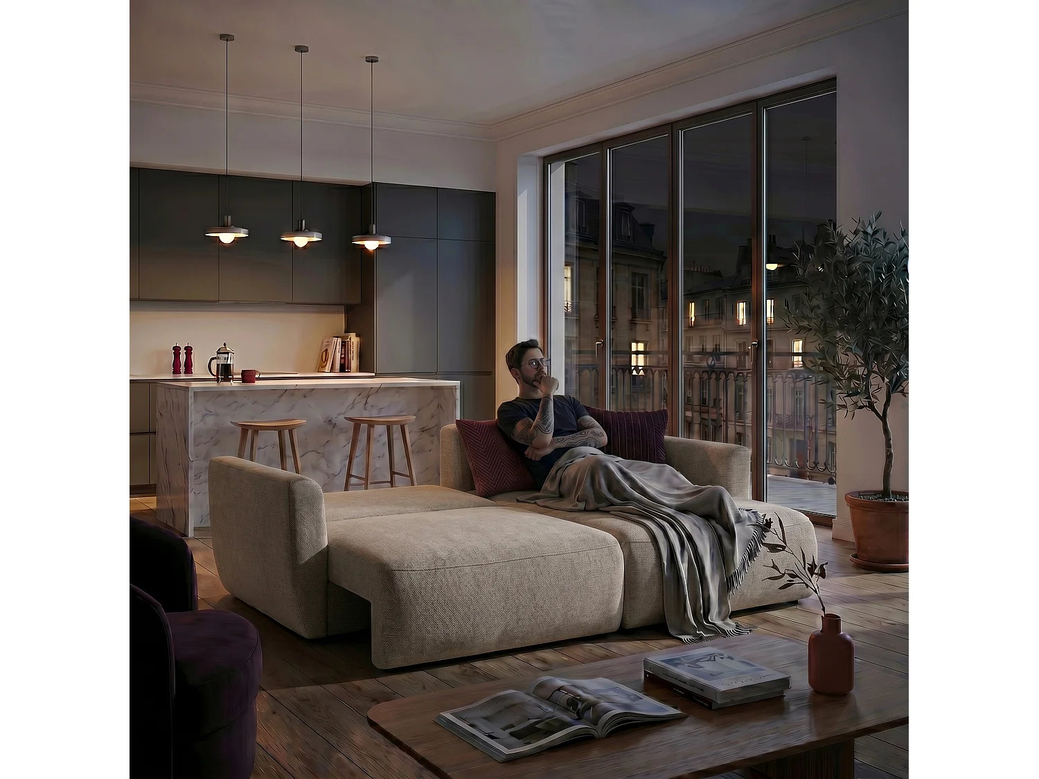 Canapé d'angle BELLA L Droit avec fonction couchage 140x205 Velours Beige