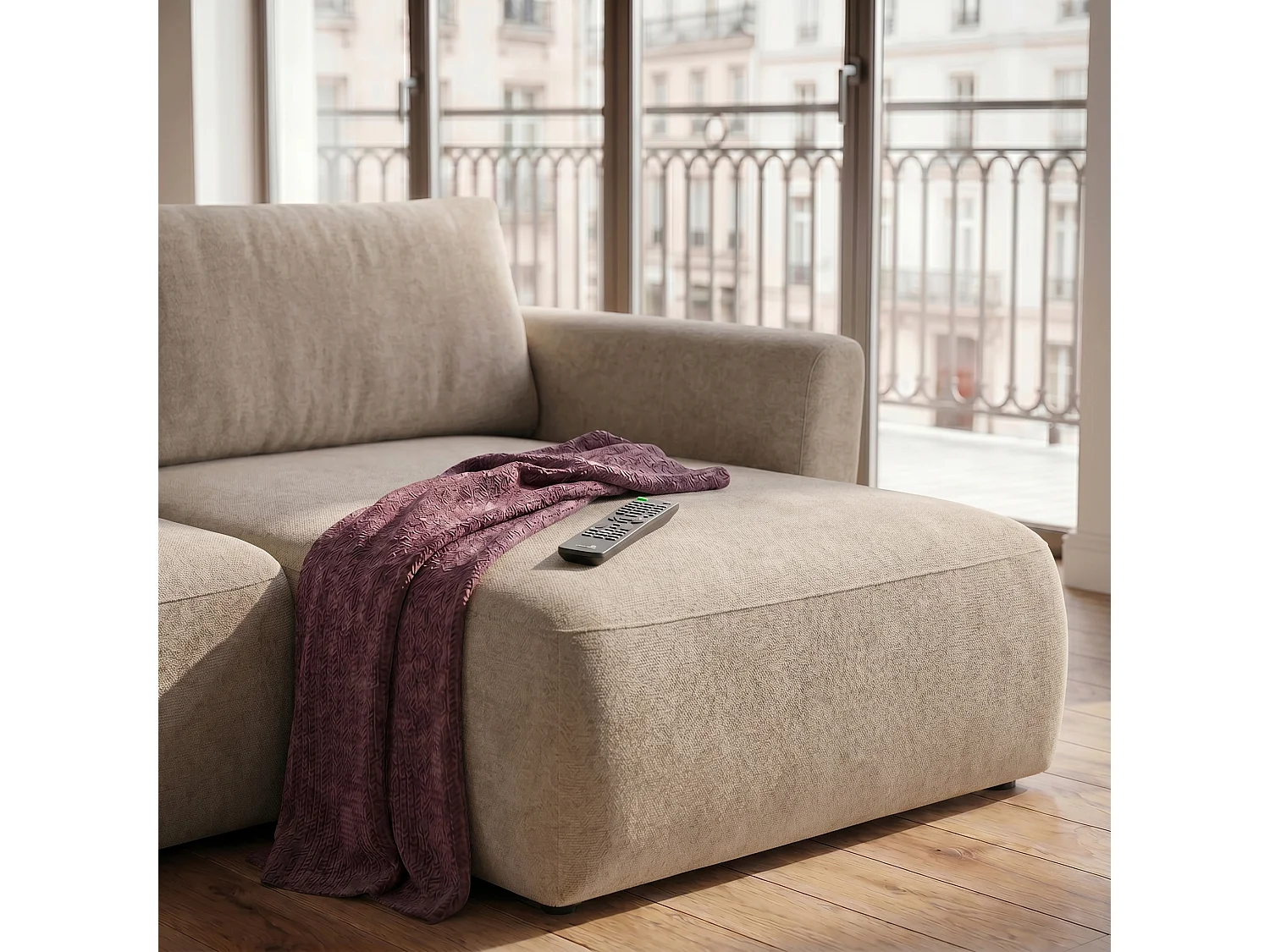 Canapé d'angle BELLA L Droit avec fonction couchage 140x205 Velours Beige