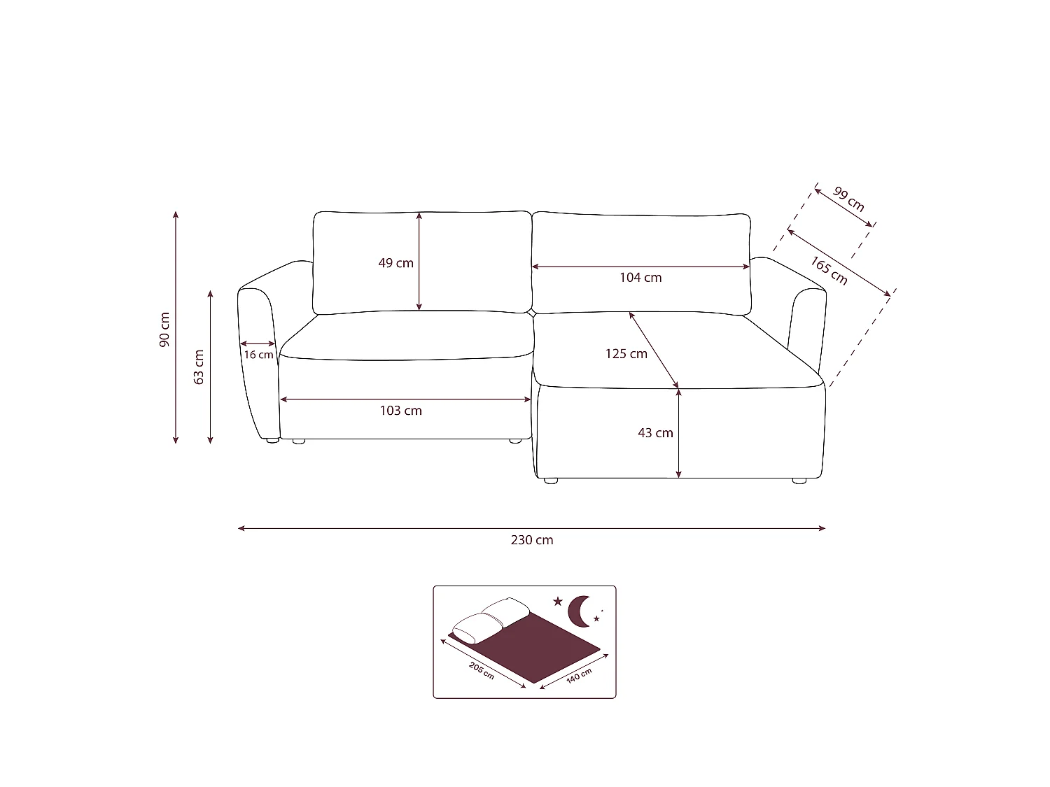 Canapé d'angle BELLA L Droit avec fonction couchage 140x205 Velours Beige