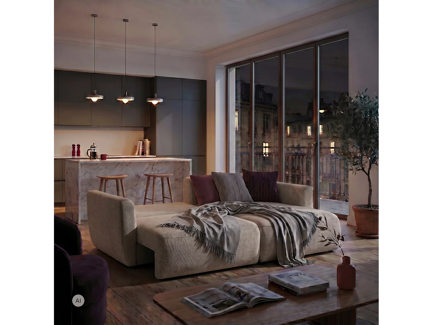 Hoekbank BELLA L rechts met slaapfunctie 140x205 velours beige