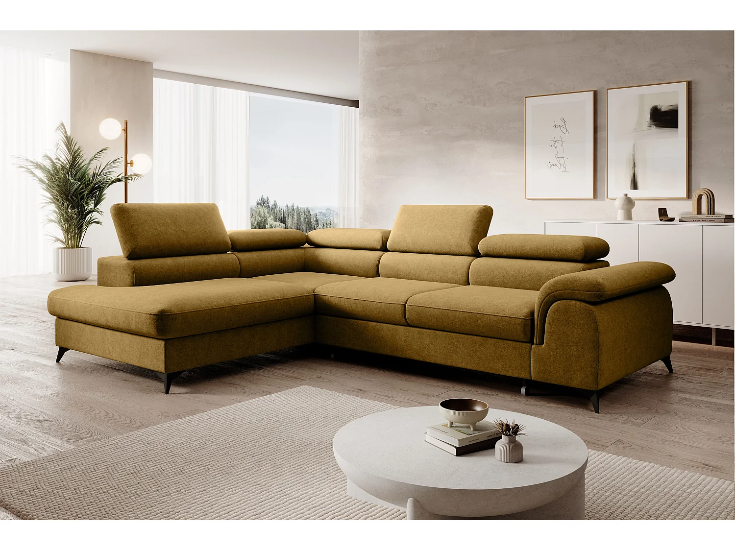 Canapé d'angle PLAZA L Gauche avec fonction couchage 125x195 Velours Doré