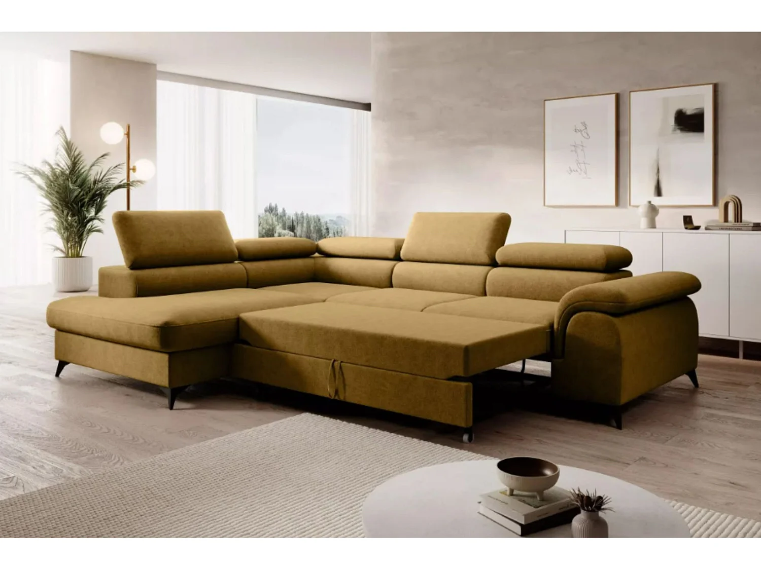 Canapé d'angle PLAZA L Gauche avec fonction couchage 125x195 Velours Doré
