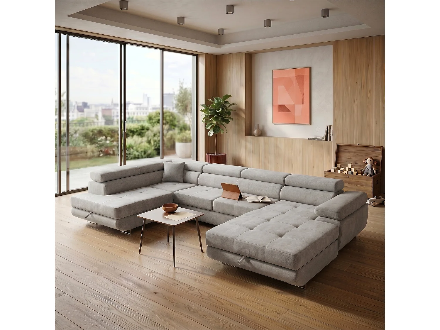 Canapé panoramique convertible avec coffre WILD U Gauche avec fonction couchage  Chenille Gris