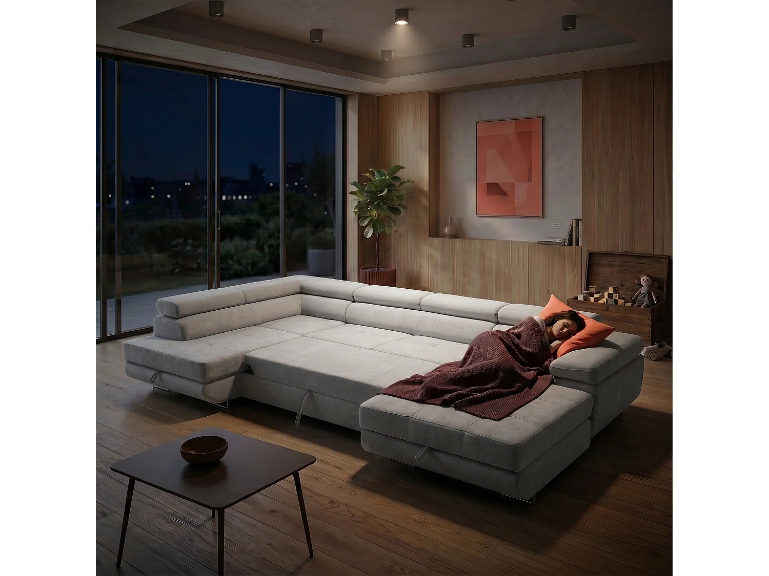 Canapé panoramique convertible avec coffre WILD U Gauche avec fonction couchage  Chenille Gris