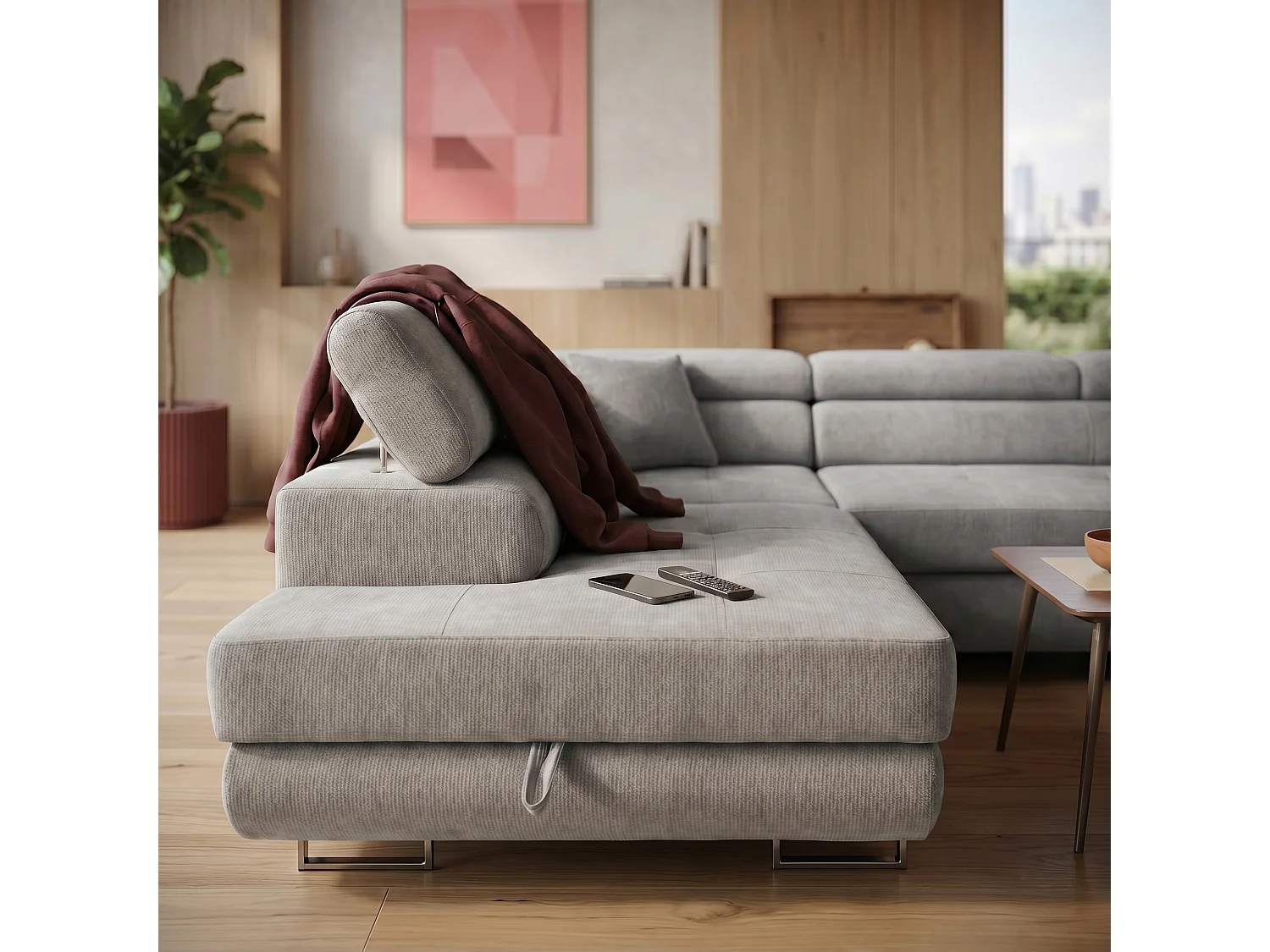 Canapé panoramique convertible avec coffre WILD U Gauche avec fonction couchage  Chenille Gris
