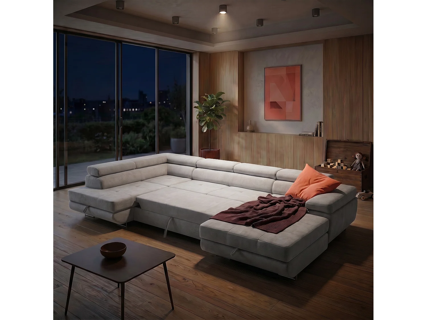 Canapé d'angle panoramique convertible 5 places avec coffre en tissu chenille gris WILD