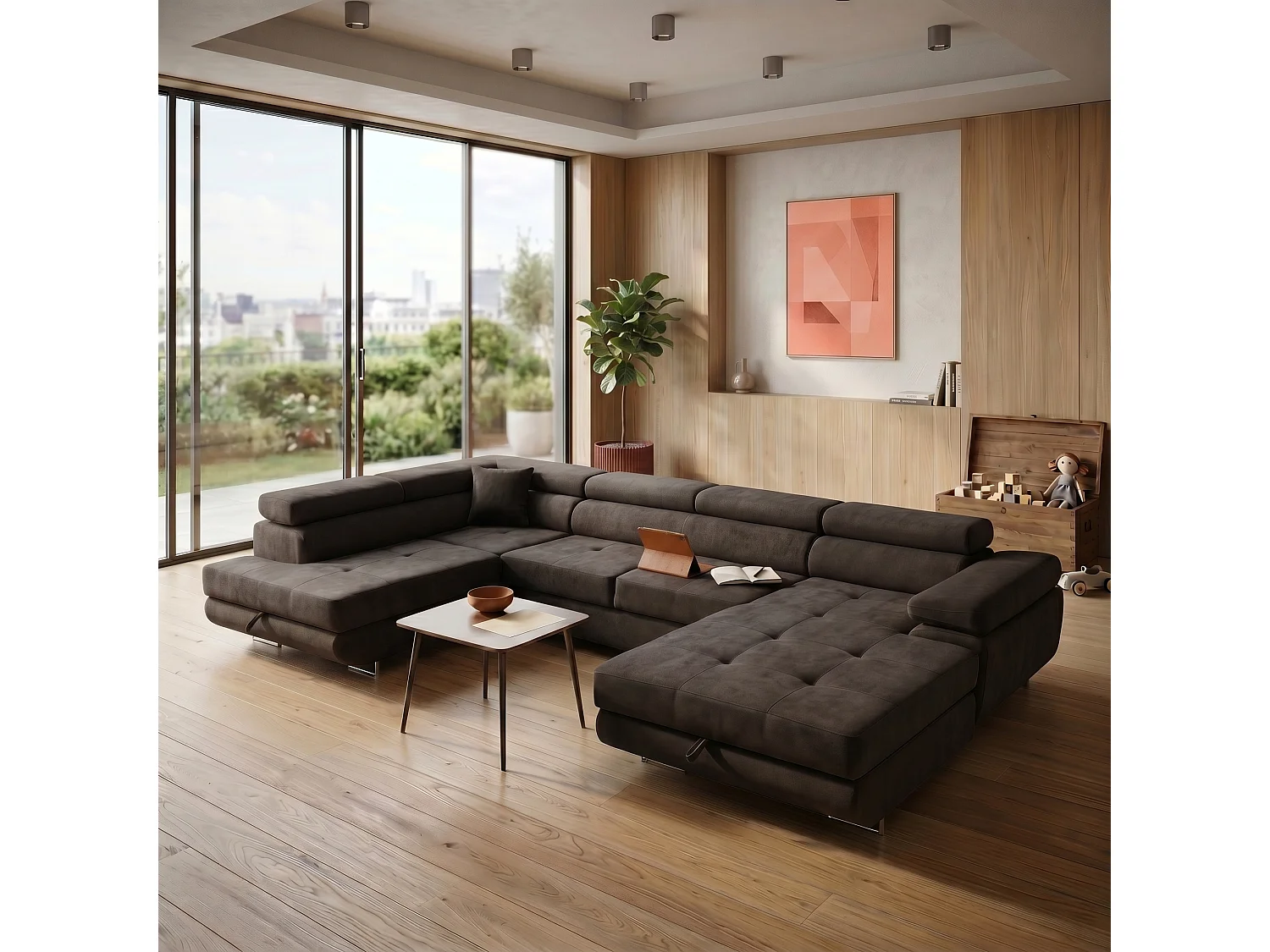 Canapé panoramique convertible avec coffre WILD U Gauche avec fonction couchage  Chenille Marron foncé