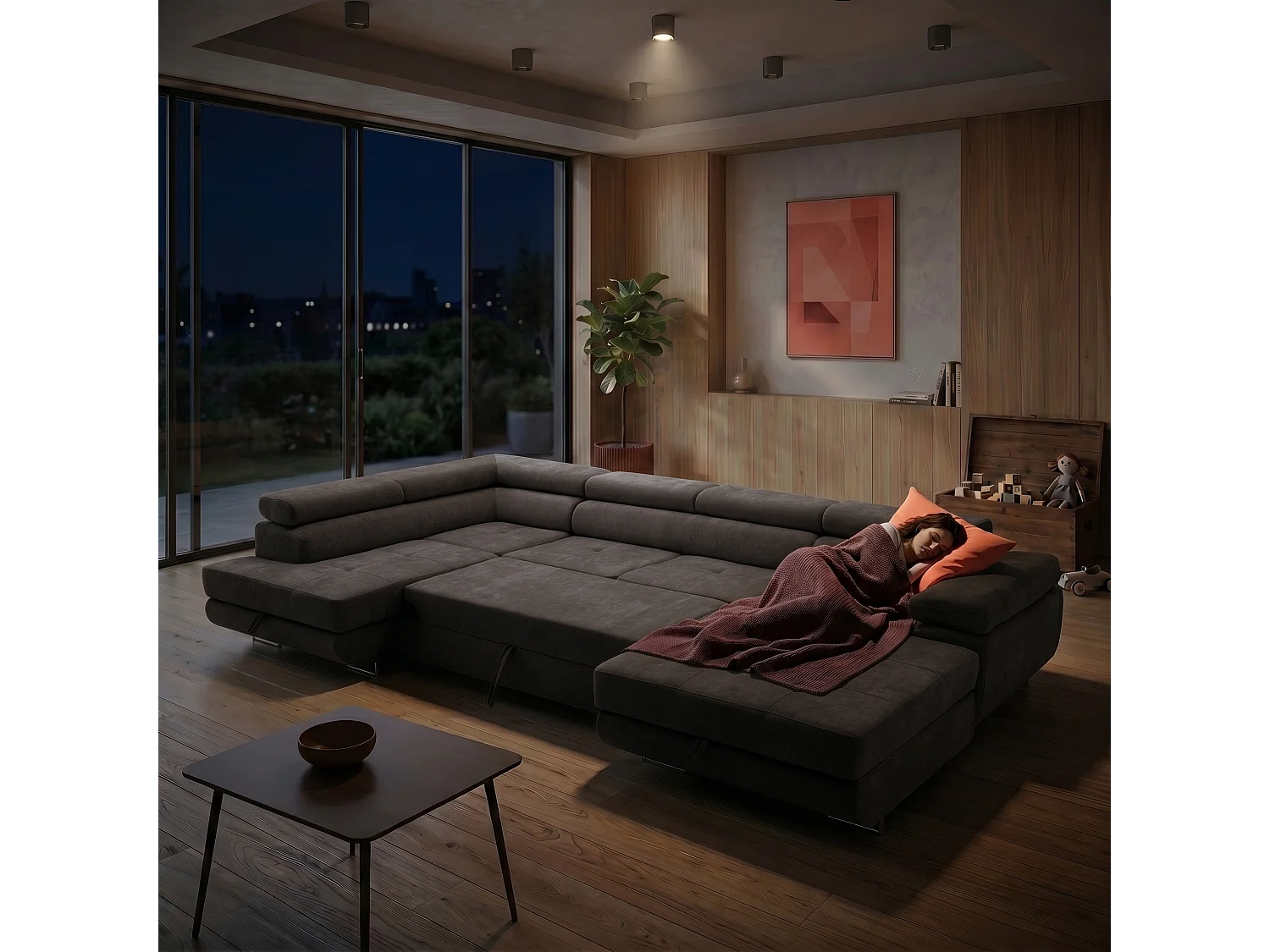 Canapé panoramique convertible avec coffre WILD U Gauche avec fonction couchage  Chenille Marron foncé