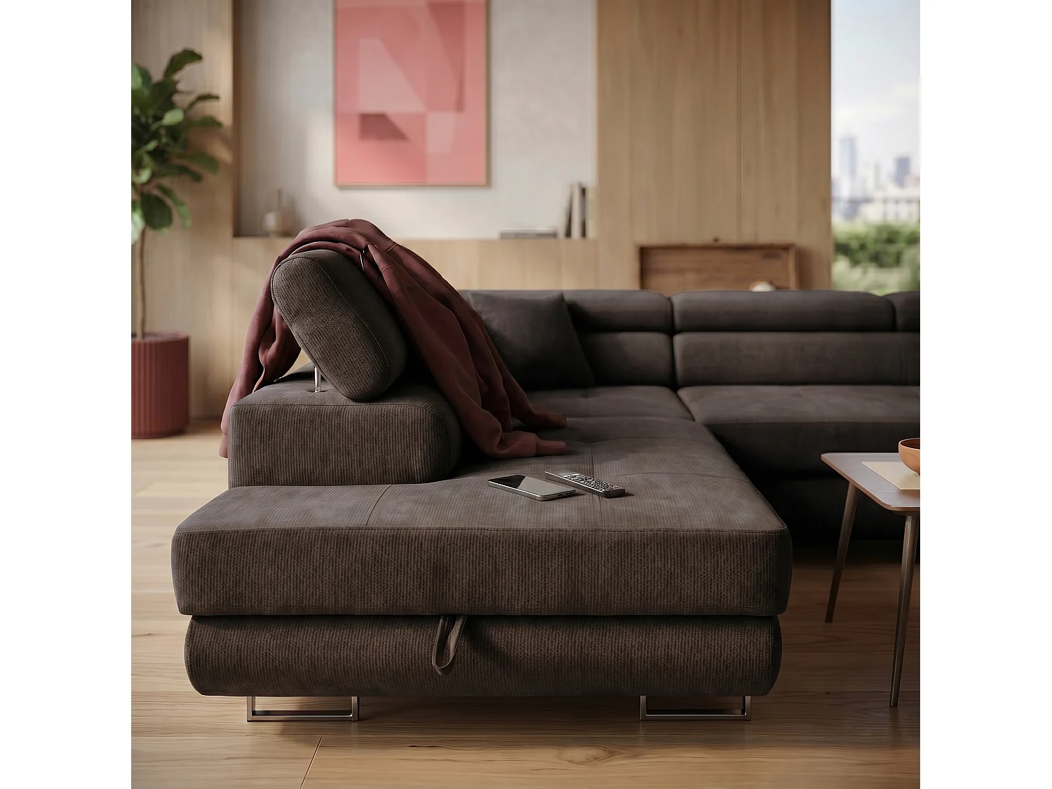 Canapé panoramique convertible avec coffre WILD U Gauche avec fonction couchage  Chenille Marron foncé