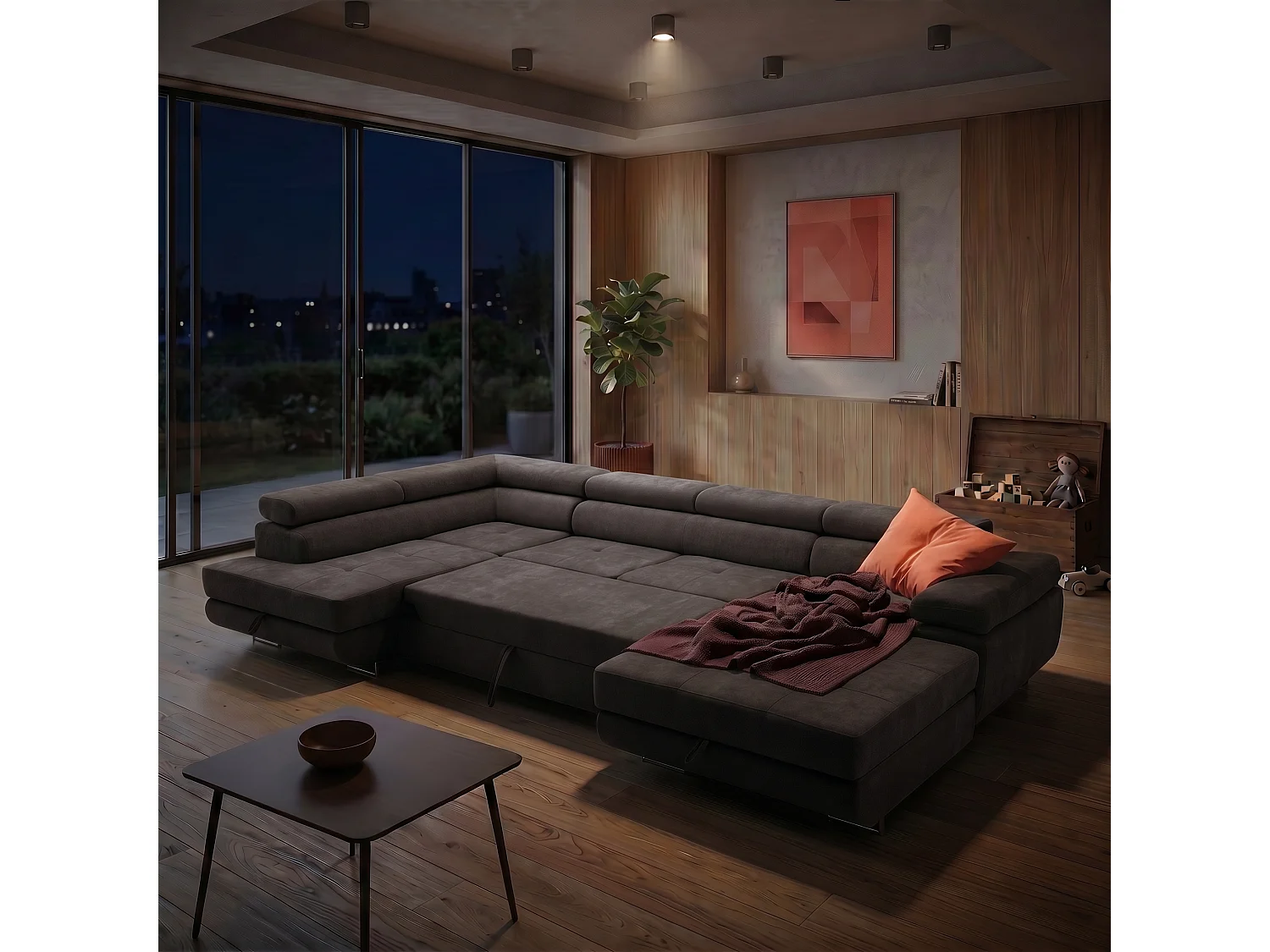 Canapé d'angle panoramique convertible 5 places avec coffre en tissu chenille marron WILD