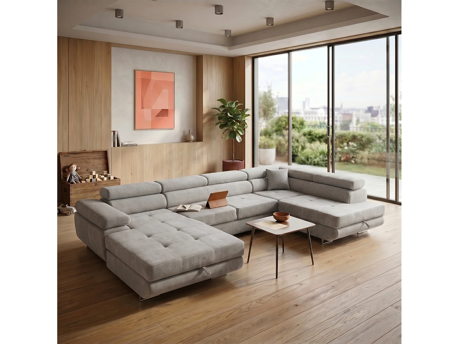 Canapé panoramique convertible avec coffre WILD U Droit avec fonction couchage  Chenille Gris