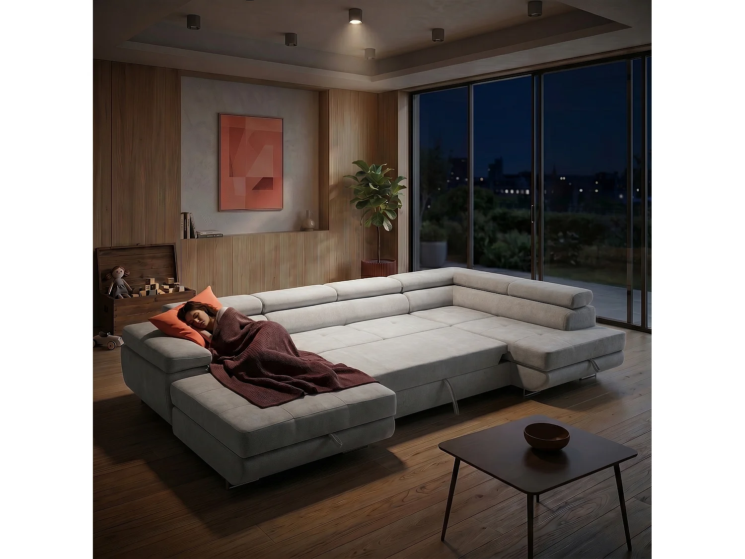 Canapé panoramique convertible avec coffre WILD U Droit avec fonction couchage  Chenille Gris