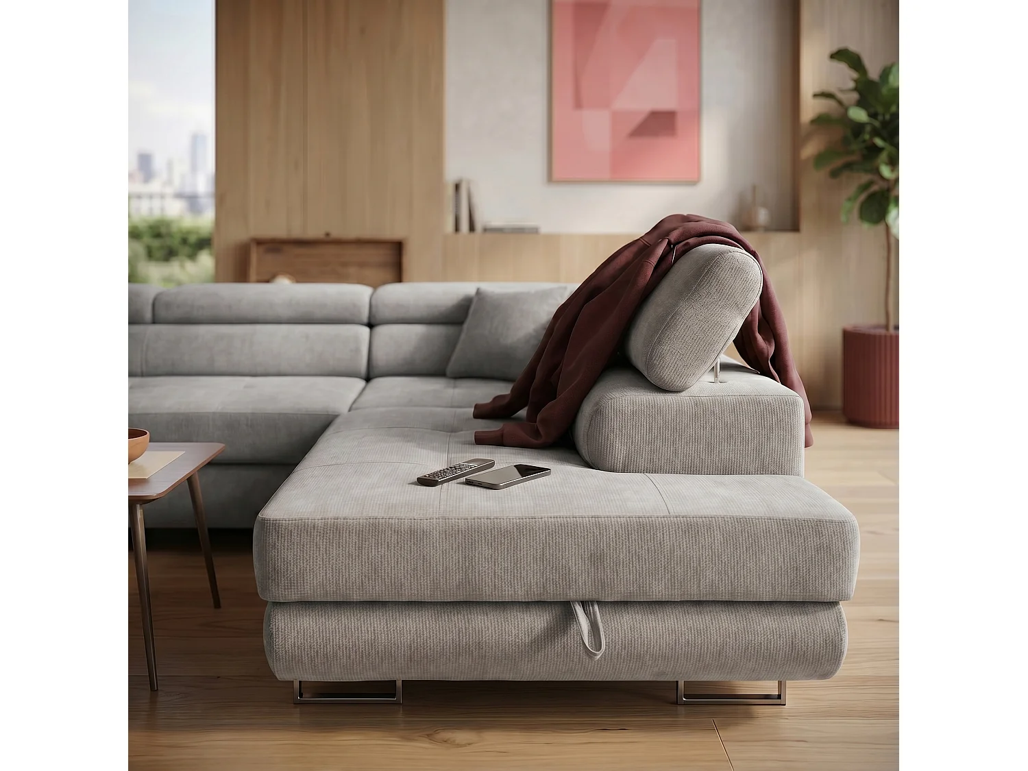 Canapé panoramique convertible avec coffre WILD U Droit avec fonction couchage  Chenille Gris