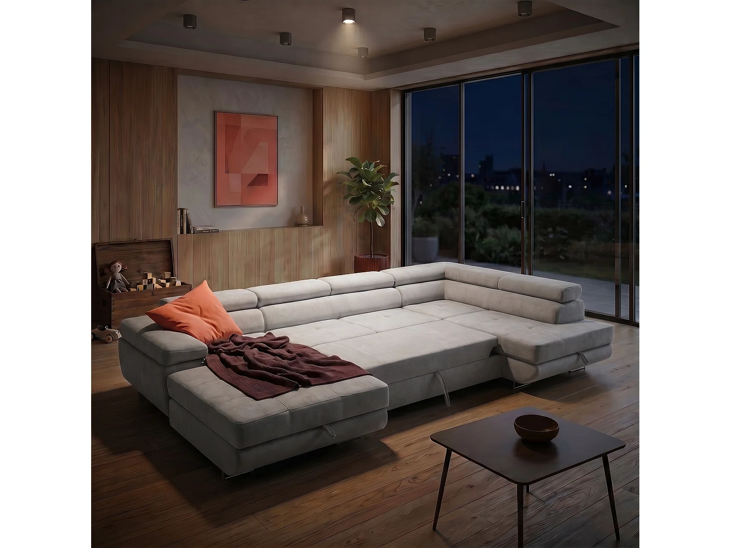 Canapé d'angle panoramique convertible 5 places avec coffre en tissu chenille gris WILD