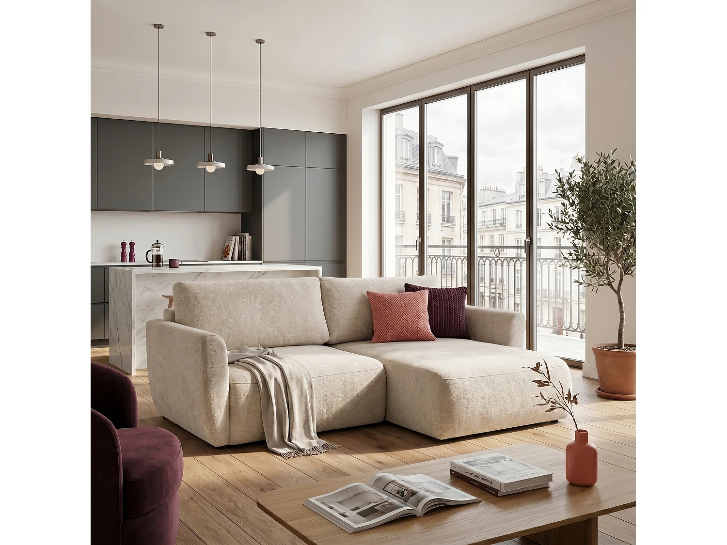 Canapé d'angle BELLA L Droit avec fonction couchage 140x205 Velours Crème