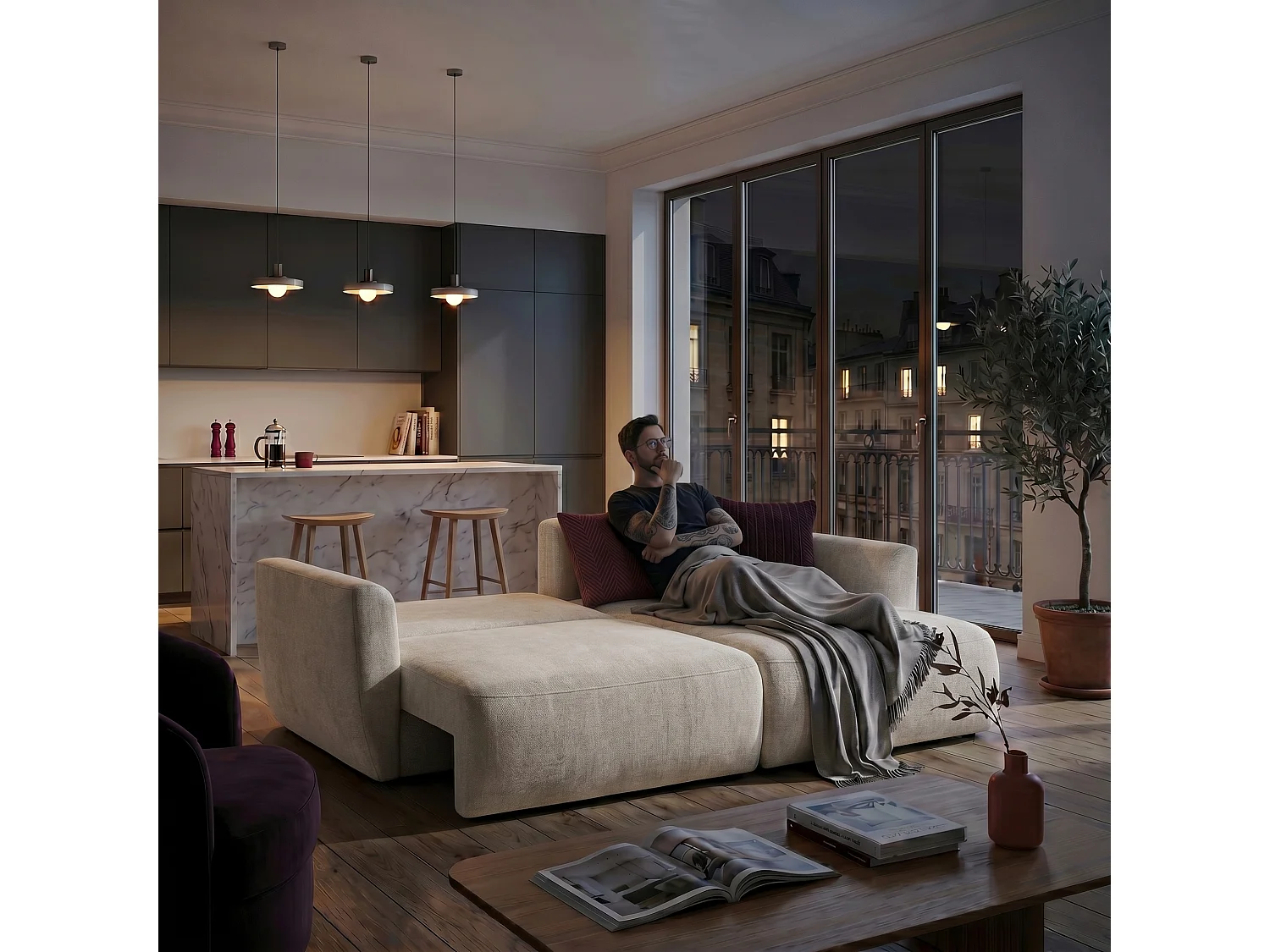 Canapé d'angle BELLA L Droit avec fonction couchage 140x205 Velours Crème