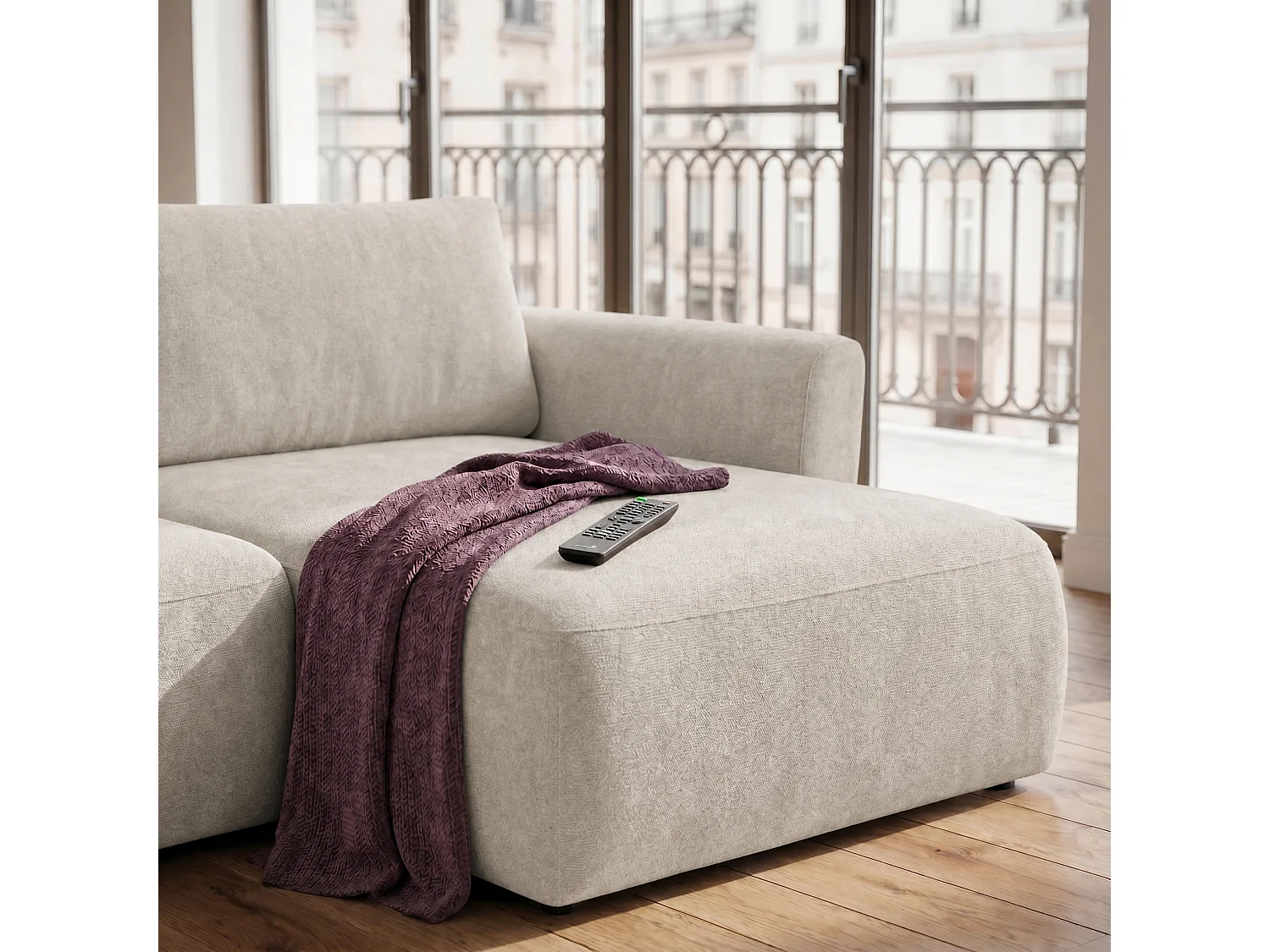 Canapé d'angle BELLA L Droit avec fonction couchage 140x205 Velours Crème