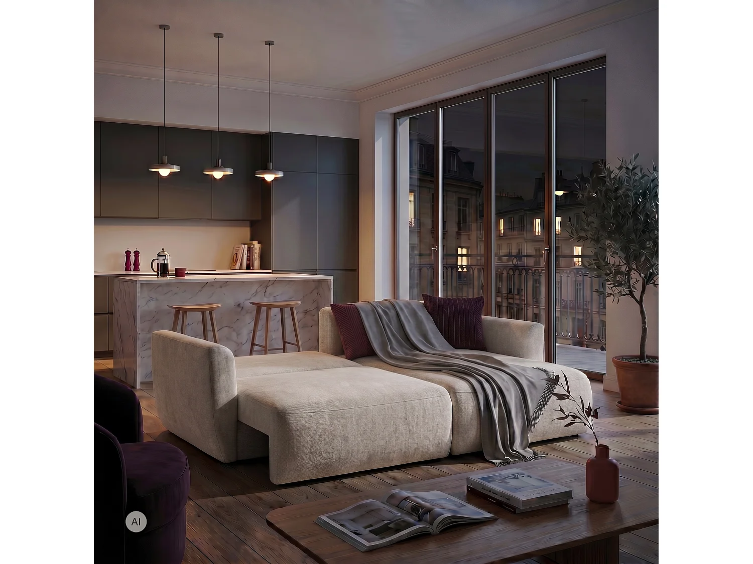 Hoekbank BELLA L rechts met slaapfunctie 140x205 velours crème