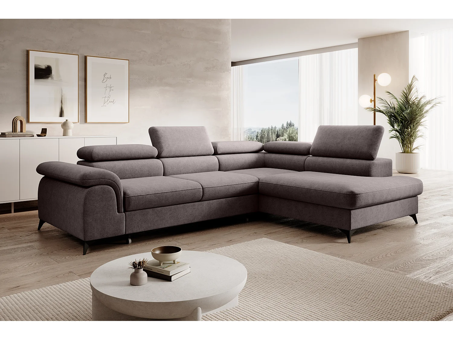Canapé d'angle PLAZA L Droit avec fonction couchage 125x195 Velours Gris