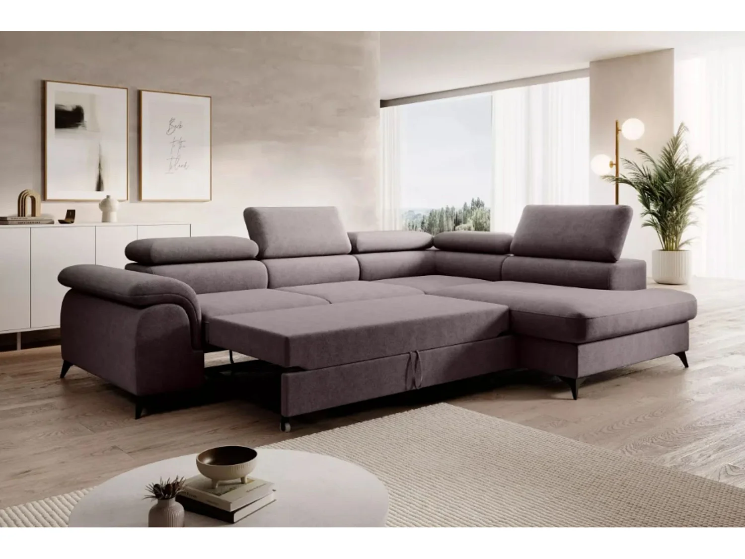 Canapé d'angle PLAZA L Droit avec fonction couchage 125x195 Velours Gris