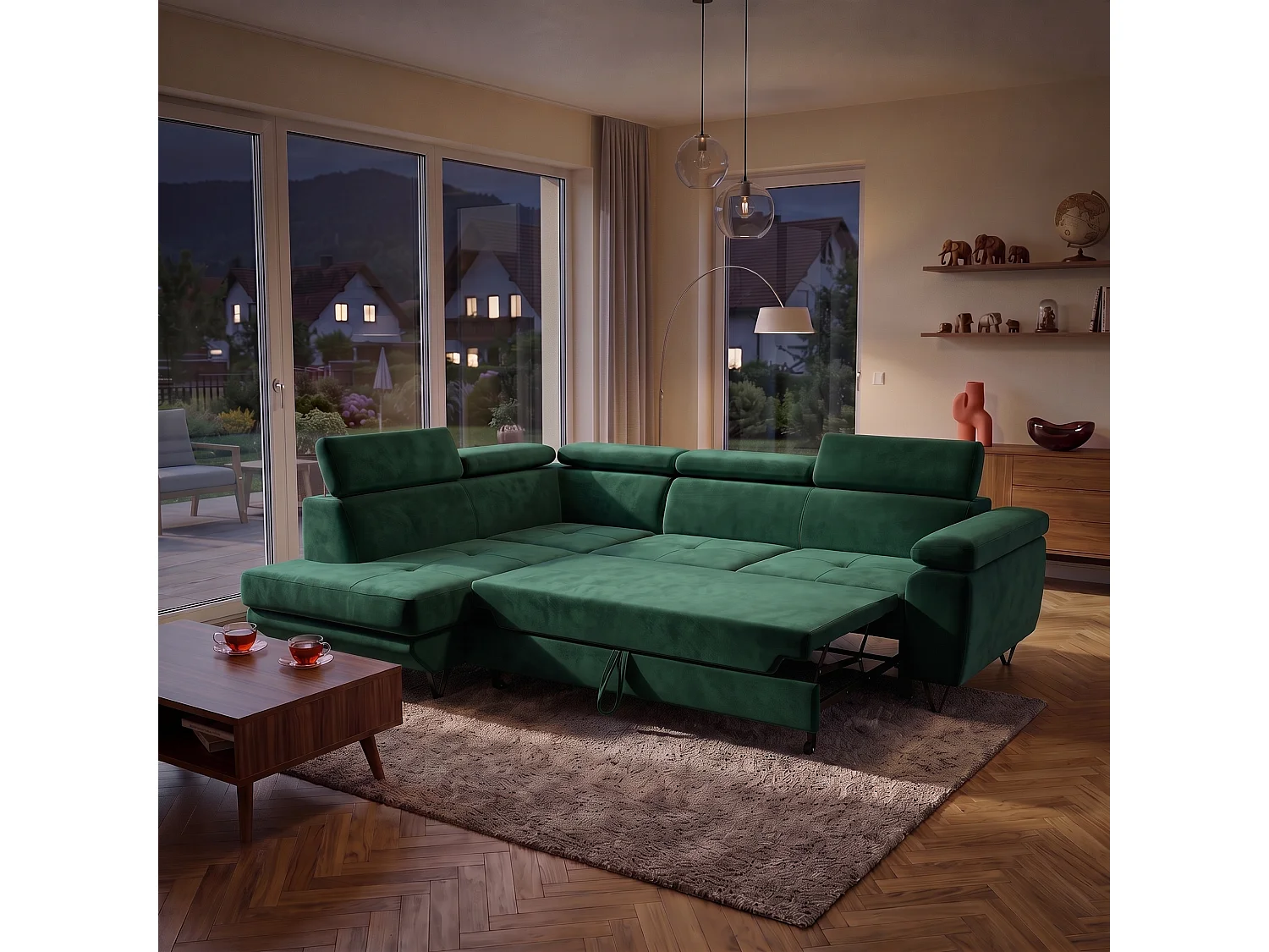Hoekbank JUNIOR L links met slaapfunctie 128x194 velours groen