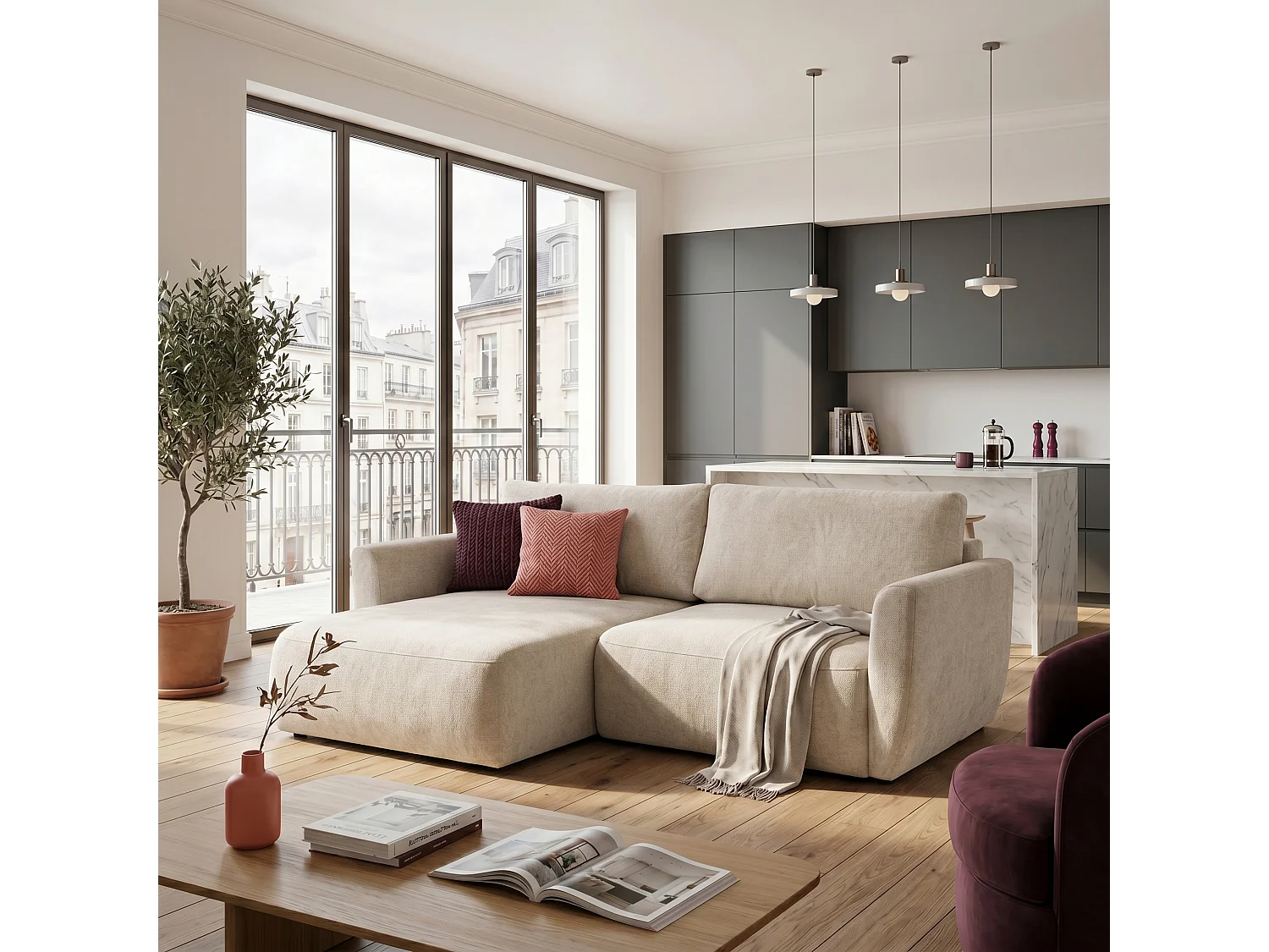 Canapé d'angle BELLA L Gauche avec fonction couchage 140x205 Velours Crème