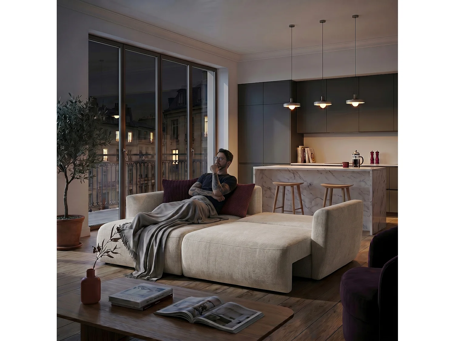 Canapé d'angle BELLA L Gauche avec fonction couchage 140x205 Velours Crème