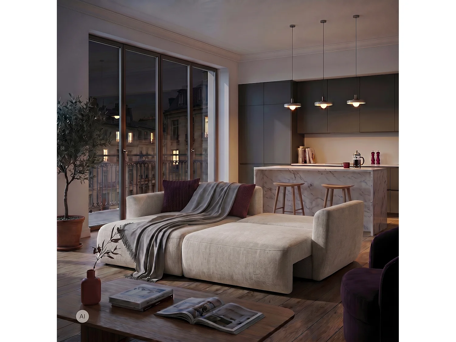 Hoekbank BELLA L links met slaapfunctie 140x205 velours crème