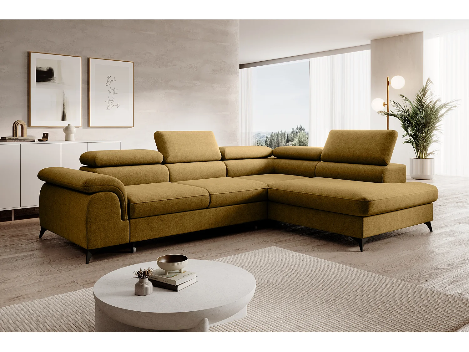 Canapé d'angle PLAZA L Droit avec fonction couchage 125x195 Velours Doré