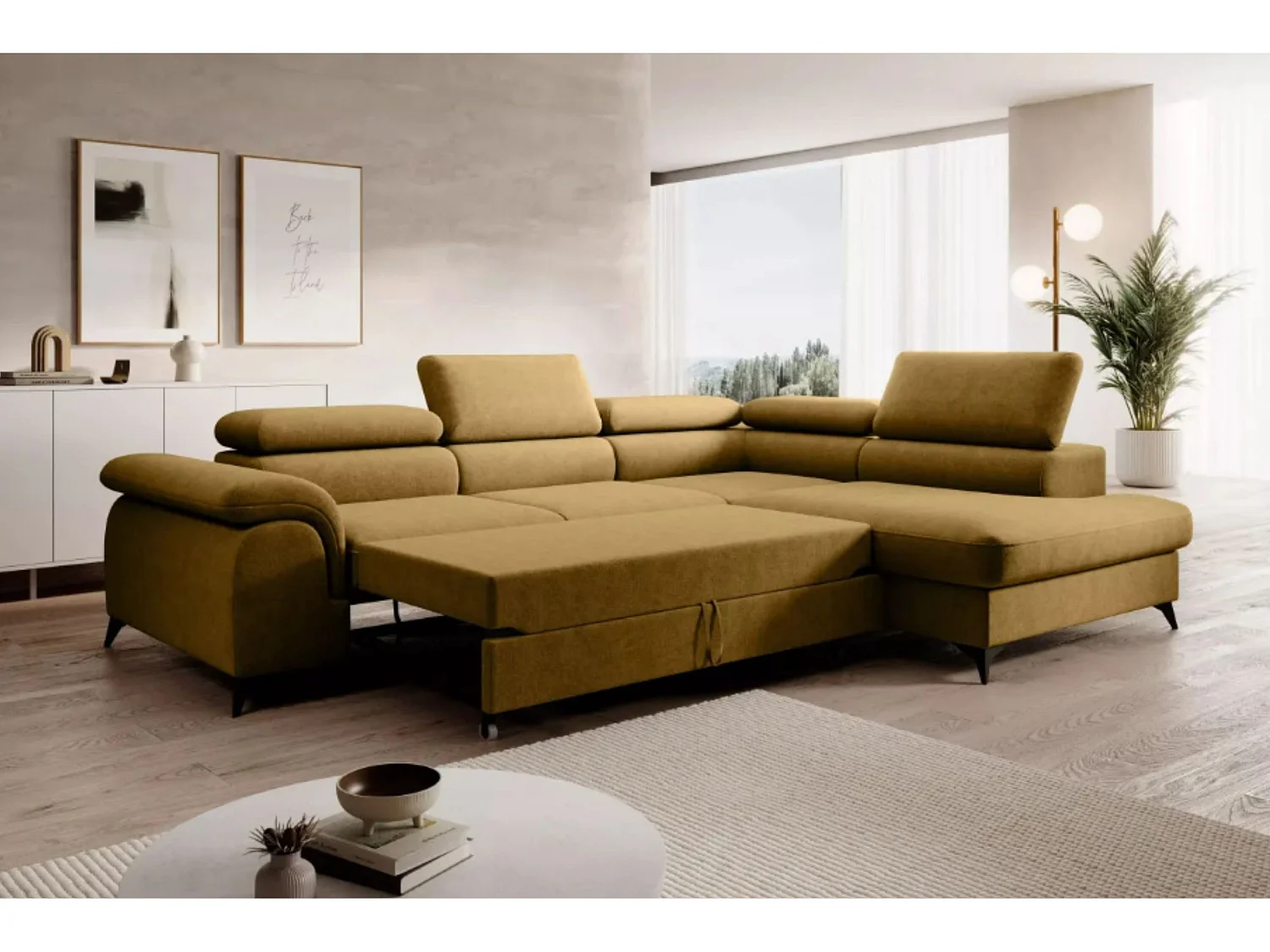 Canapé d'angle PLAZA L Droit avec fonction couchage 125x195 Velours Doré