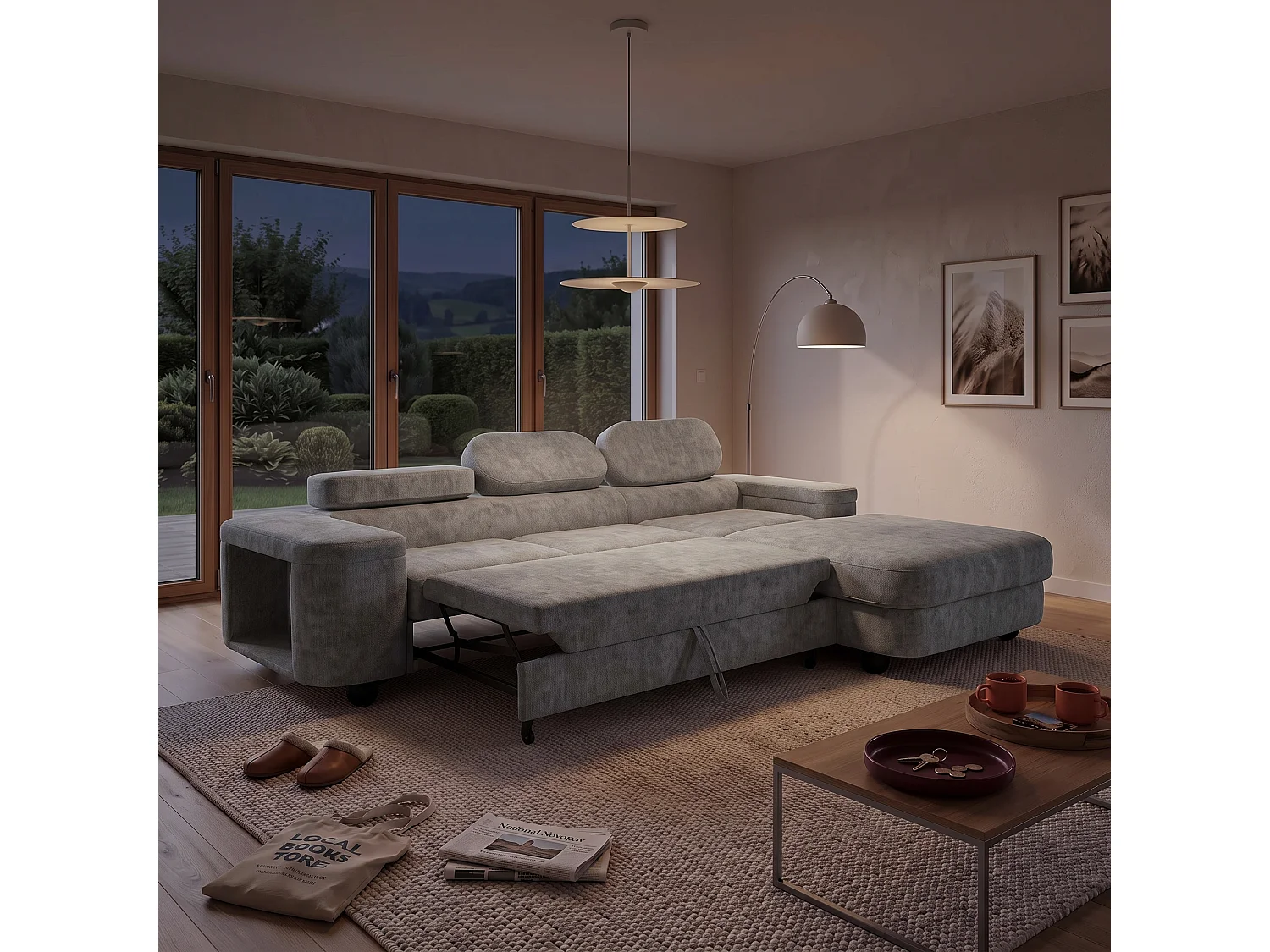 Canapé d'angle droit 3 places en tissu chenille gris LOVE