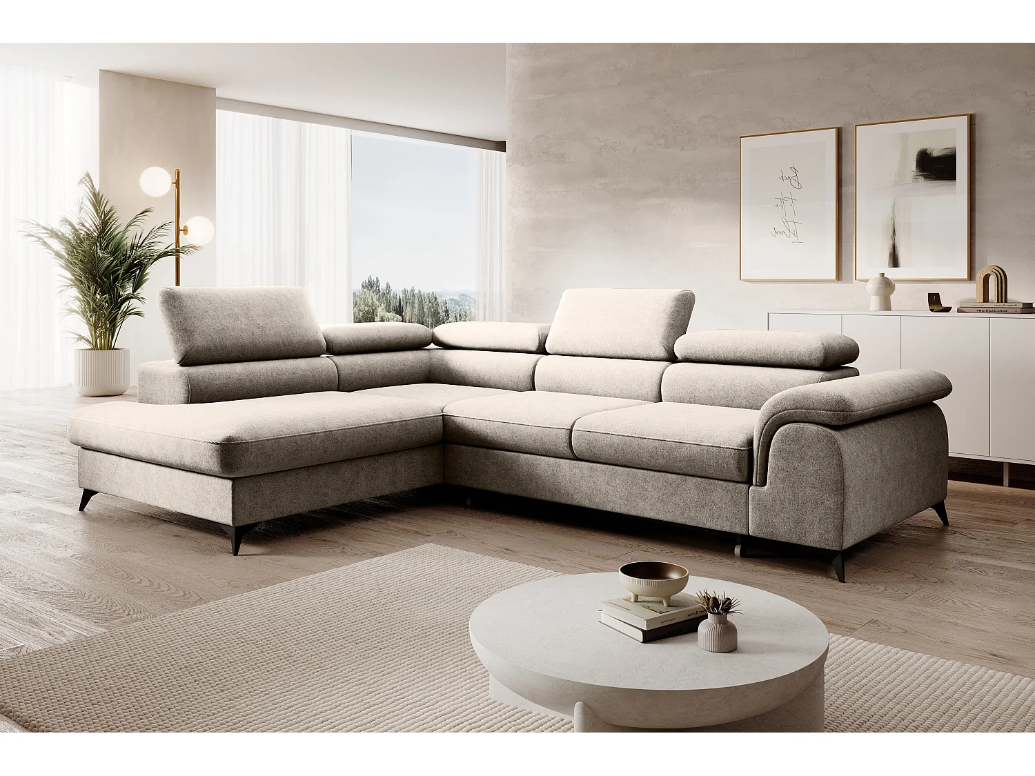 Canapé d'angle PLAZA L Gauche avec fonction couchage 125x195 Velours Beige