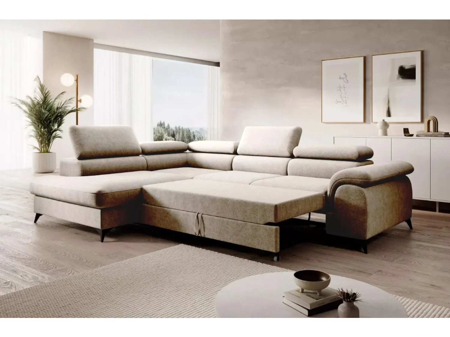 Canapé d'angle PLAZA L Gauche avec fonction couchage 125x195 Velours Beige