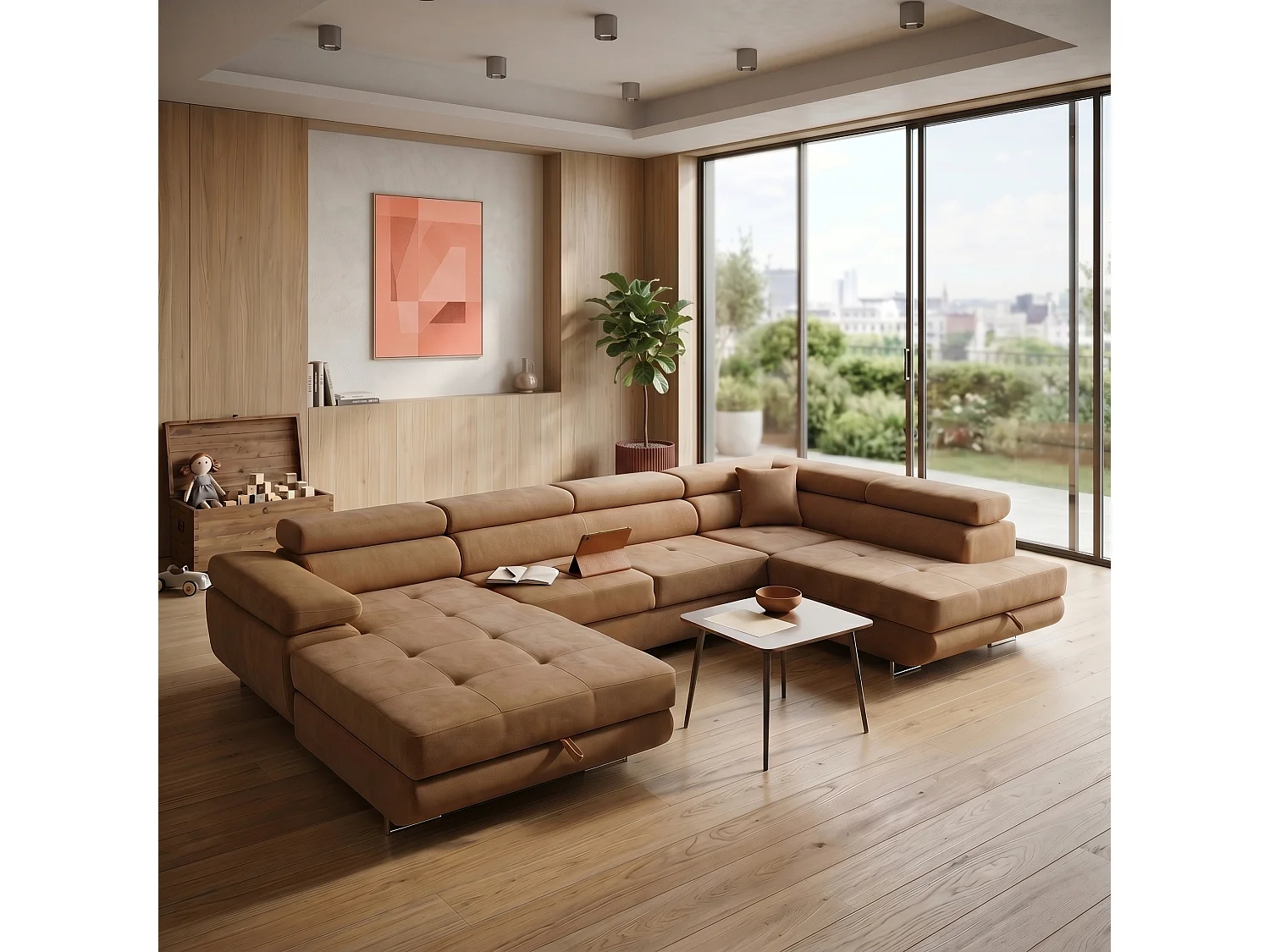 Canapé panoramique convertible avec coffre WILD U Droit avec fonction couchage  Chenille Marron