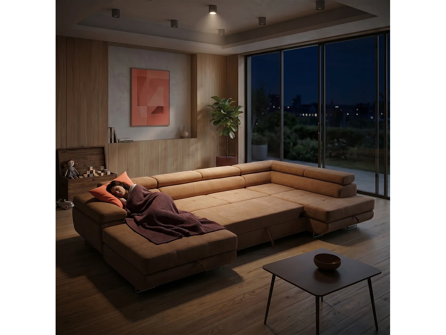 Canapé panoramique convertible avec coffre WILD U Droit avec fonction couchage  Chenille Marron